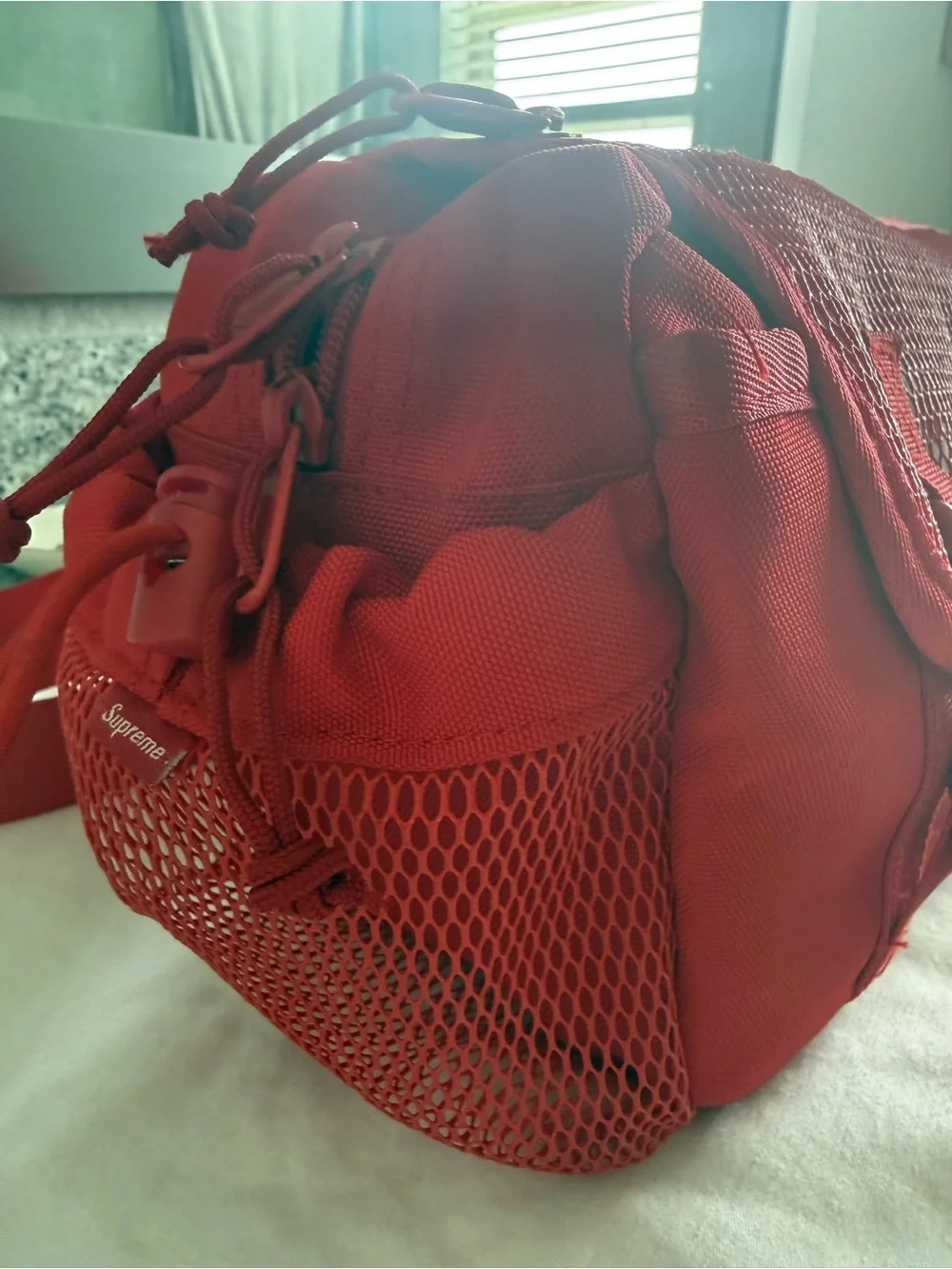 Supreme Red Mesh Waist Bag with White Logo - Picture 2 of 8